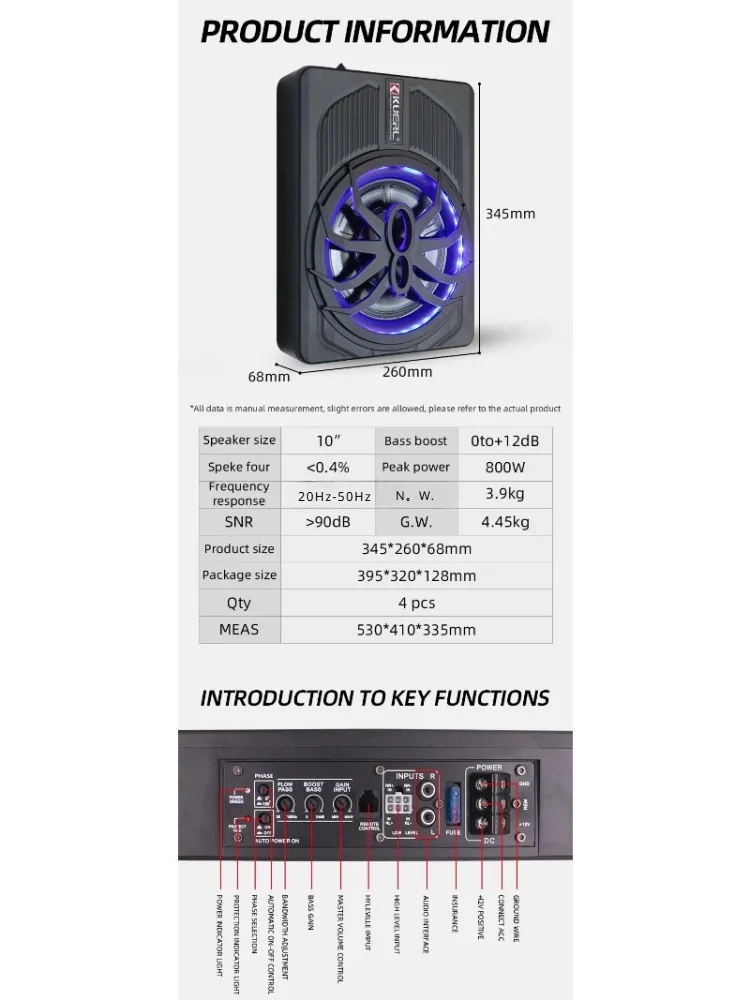 10-calowy subwoofer samochodowy RMS120w pod siedzeniem DC12v Wzmocniony subwoofer samochodowy Co-pilot Subwoofer ze wzmacniaczem System audio