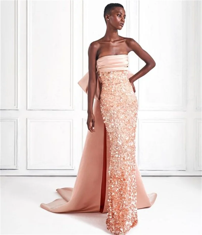 

Luxury Crystal Beads Mermaid Evening Dress Strapless Satin Special Occasions Pink Prom Party Gown Custom Made Robe De Mariée
