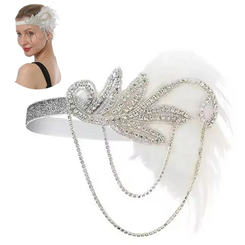 1920s Flapper Dress Accessories Retro Party Props GATSBY CHARLESTON Headband Pearl White Feather Band 헤어 한드 резинки для волос