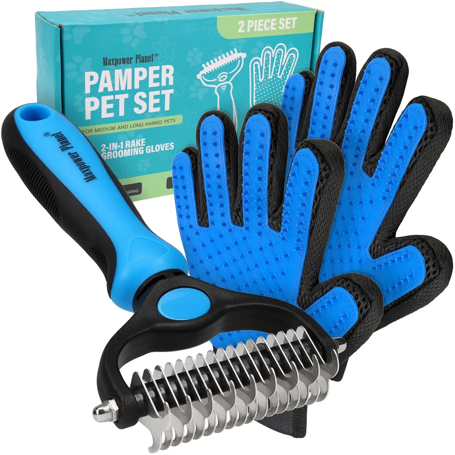 Pet Grooming Brush and 2X Grooming Gloves Combo - Double Sided Dematting, Deshedding Undercoat Rake for Dogs and