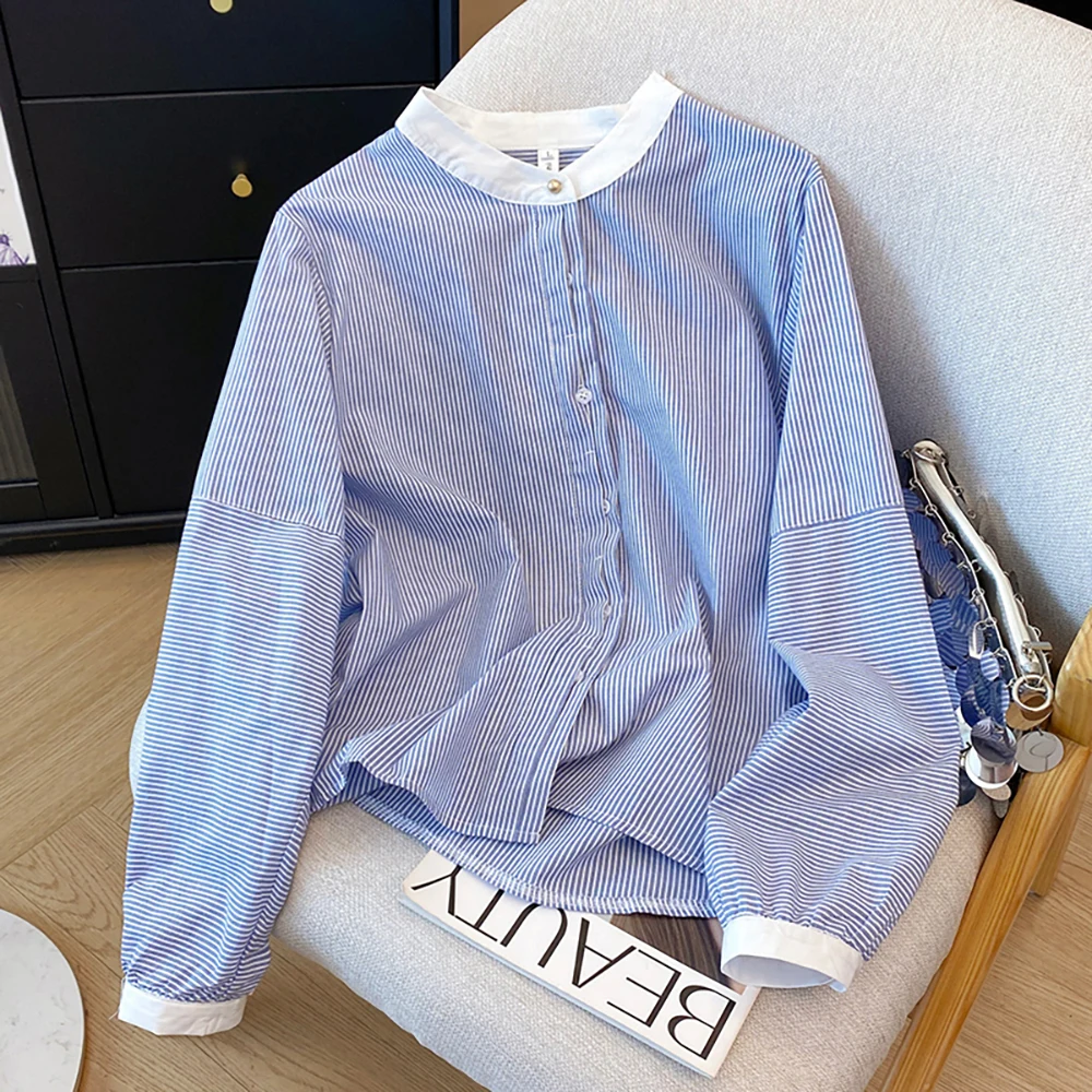 

Women Blouse French Chic Blue Striped Long Sleeve Shirts Tops Spring Autumn 2025 New Casual Slim Single Breasted O-Neck Shirt