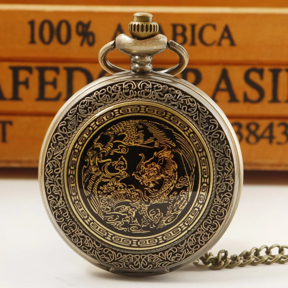 Fashion Relief Dragon Shape Quartz Pocket Watch Flying Dragon Necklace Pendant Men Women Sweater Chain Clock Gifts PB626