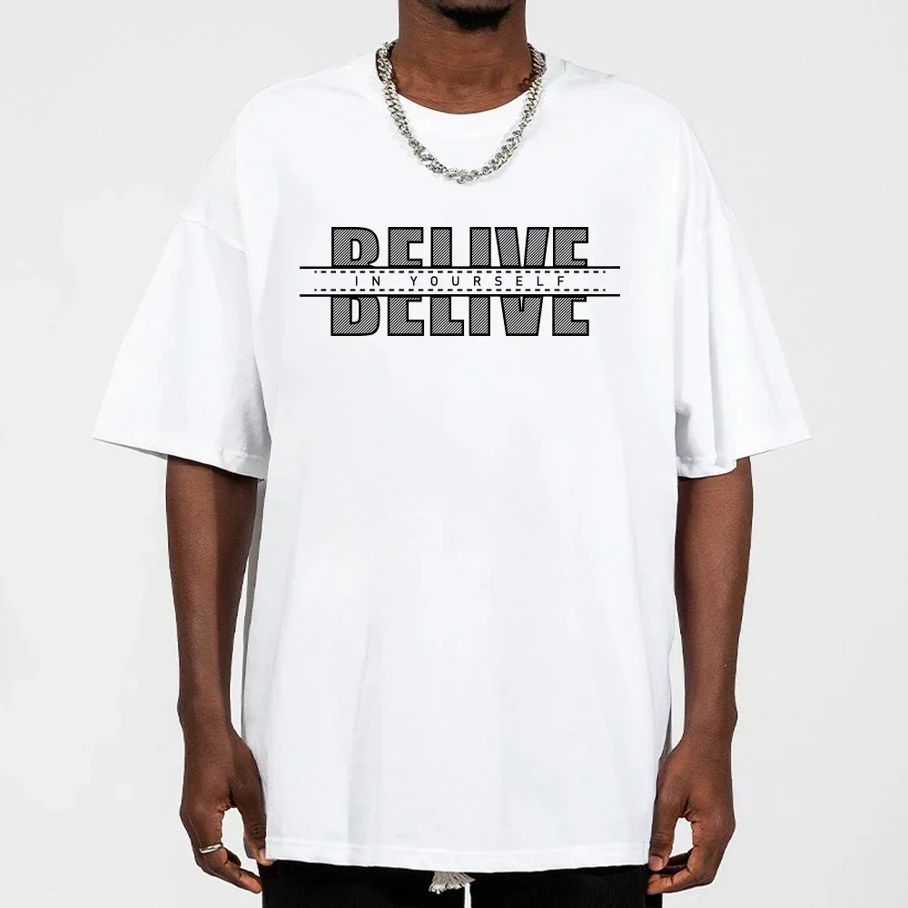 Belive Printed Short Sleeve Tee Mens Fashion Tops Summer Cotton Clothing Street Casual T-shirt Loose T Shirt Hip Hop Shirt