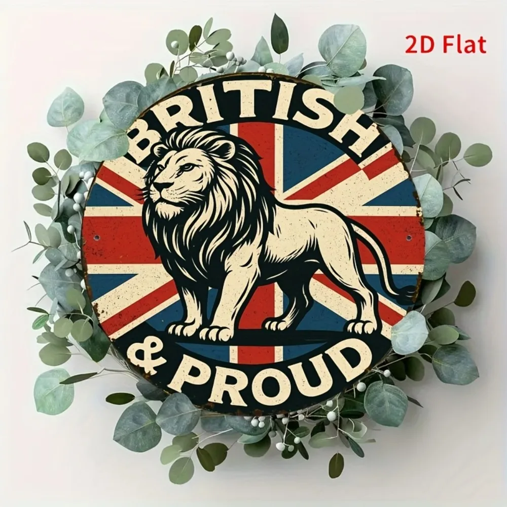لافتة حائط حديدية عتيقة من Lion & Union Jack - لوحة معدنية ريفية مع نص "British & Proud"، ديكور متين مثبت على الحائط