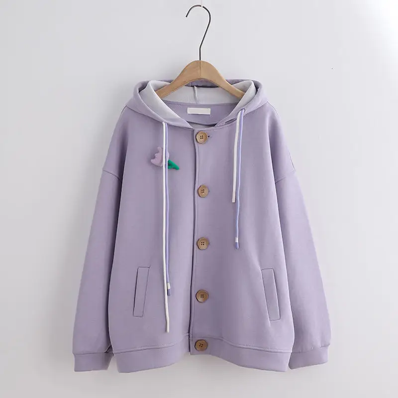 Y2k Retro Solid Applique Hoodie Fashion Casual Sense of Design Sweet Light Purple Autumn Sweatshirt Streetwear Women Clothing