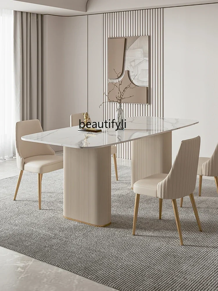 

1184Cream Color Family Luxury Stone Rock Board Modern Minimalist High-End Dining Table Light Luxury Elegant Desk
