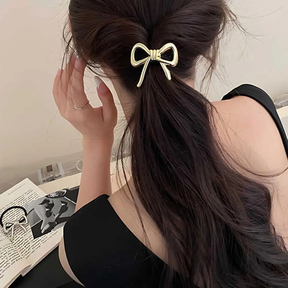 Korean Exquisite Metal Bow Hair Rope for Women Ponytail Headstring Elastic Hair Band Simple Elegant Hair Tie Hair Accessories