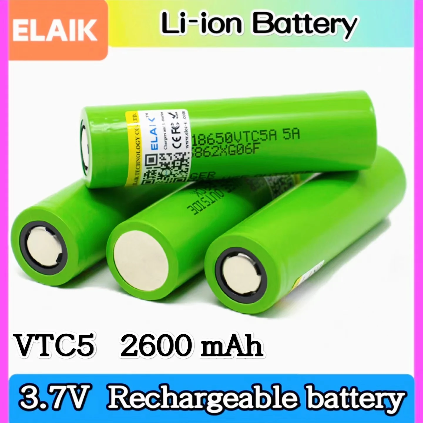 ELAIK-Bateria Li-ion Recarregável, 3.7V, 2600mAh, VTC5A, 18650, US18650VTC5A, 35A, Brinquedos Lanterna