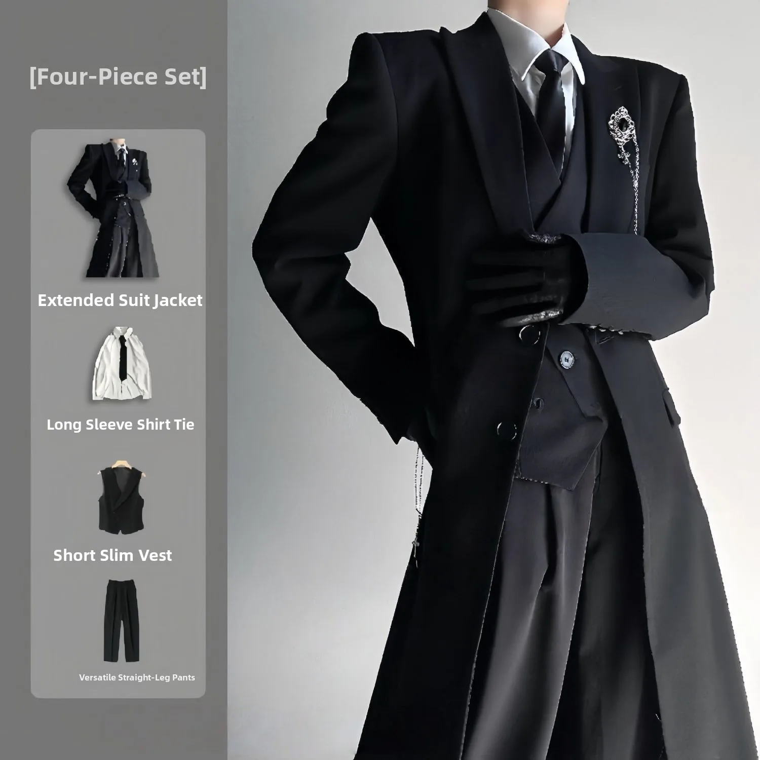 

Black Long Tailored Suit Jacket Set Neutral Style Premium Feel Mountain Wind Resistant Business Windbreaker Coat for Men