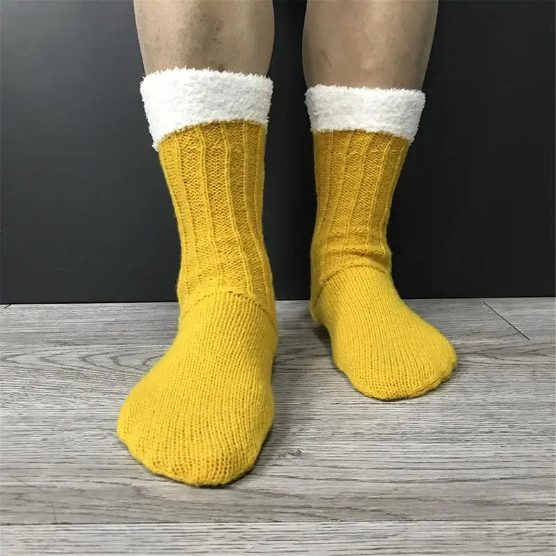 Chaussettes mi-mollet rembourrées en laine pour hommes et femmes, chope de bière 3D, chaussettes de sol chaudes, douces et drôles, cadeau de Noël, hiver