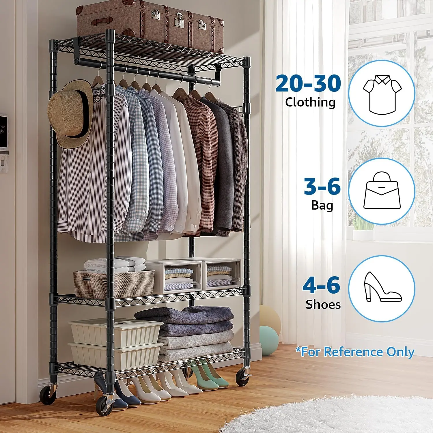 Heavy Duty Rolling Garment Rack 3 Tiers Adjustable Wire Shelving Clothes Rack with Rods Side Hooks, 15.7