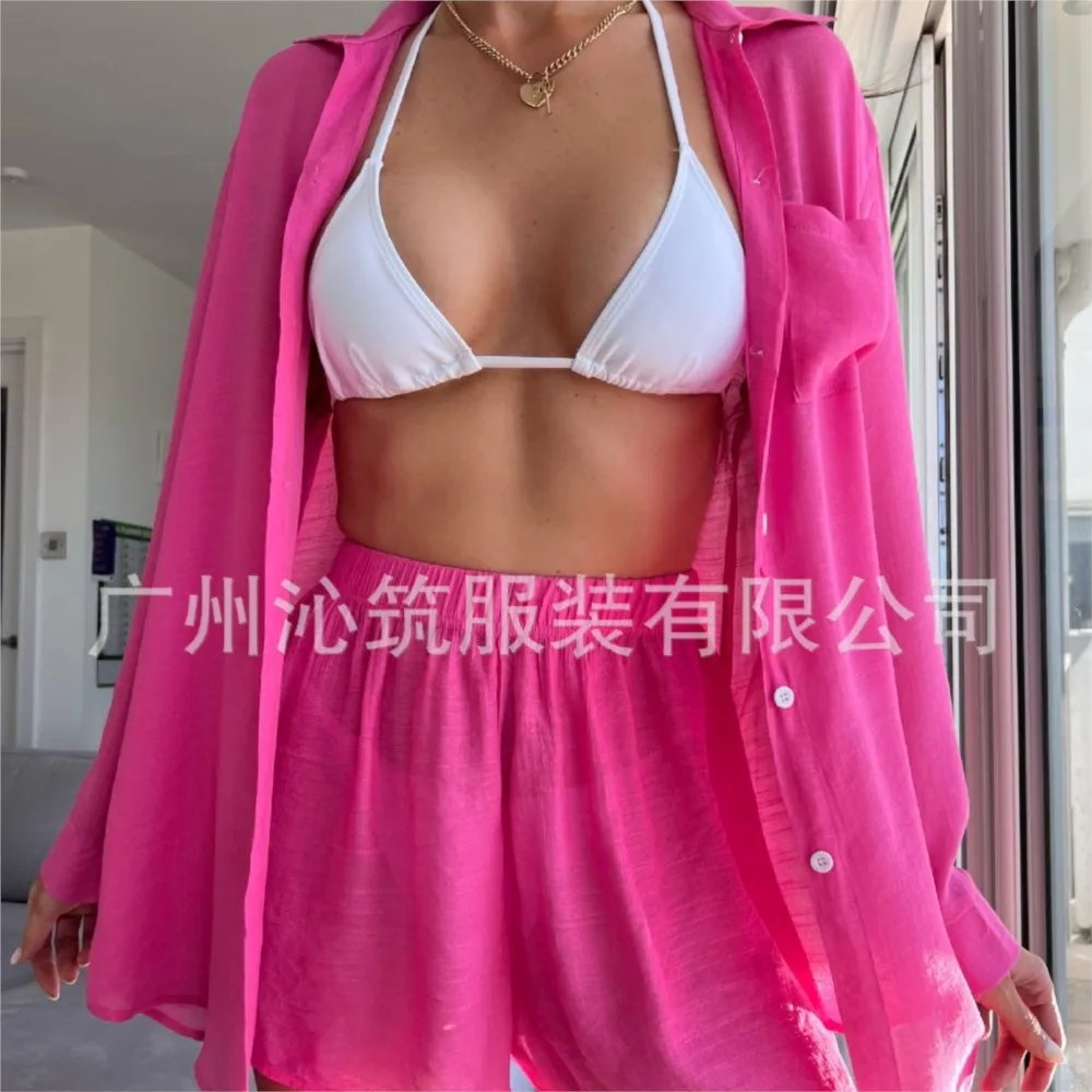 Conjunto de 2 piezas de pantalones cortos para cubrir la playa, camisa holgada a la moda para mujer, traje informal para vacaciones, Bikini, novedad de 2026