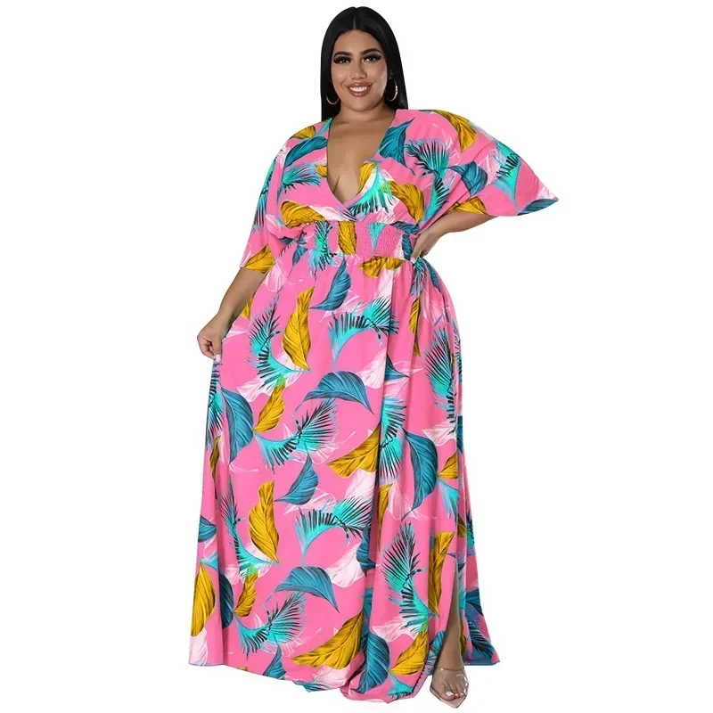 MY967- European and American plus size women's clothing 2025 summer new product deep V-neck printed multi-color dress, fat MM