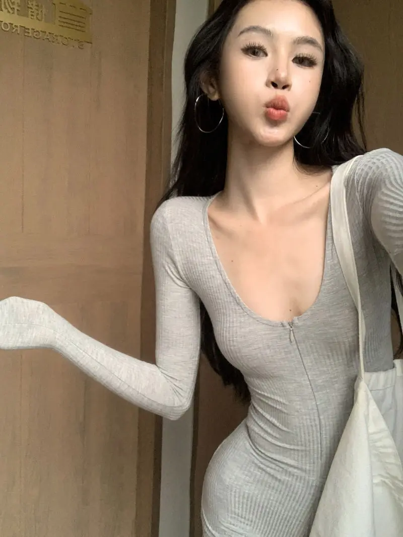 Y2k Winter Clothes Bodysuit 90s Vintage Korea Slim Casual Shorts Jumpsuit V-neck Long sleeves Clothing Femme Aesthetic Bodysuits