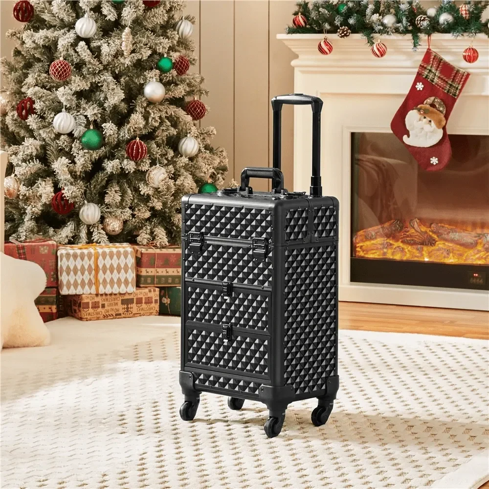 

Professional 3Layer Cosmetic Trolley Lockable Rolling Makeup Case With Drawers 360 Wheels, Aluminum Makeup Train Case For MUAs,