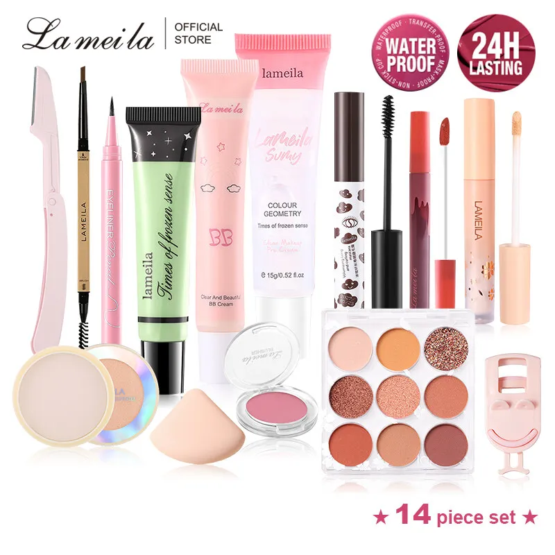 Lameila-Kit de maquillage BB crème, 14 pièces, fard à barrage, Jules Stick, mascara, eyeliner, pinceau d'isolation, pré maquillage, 80,Set, poudre