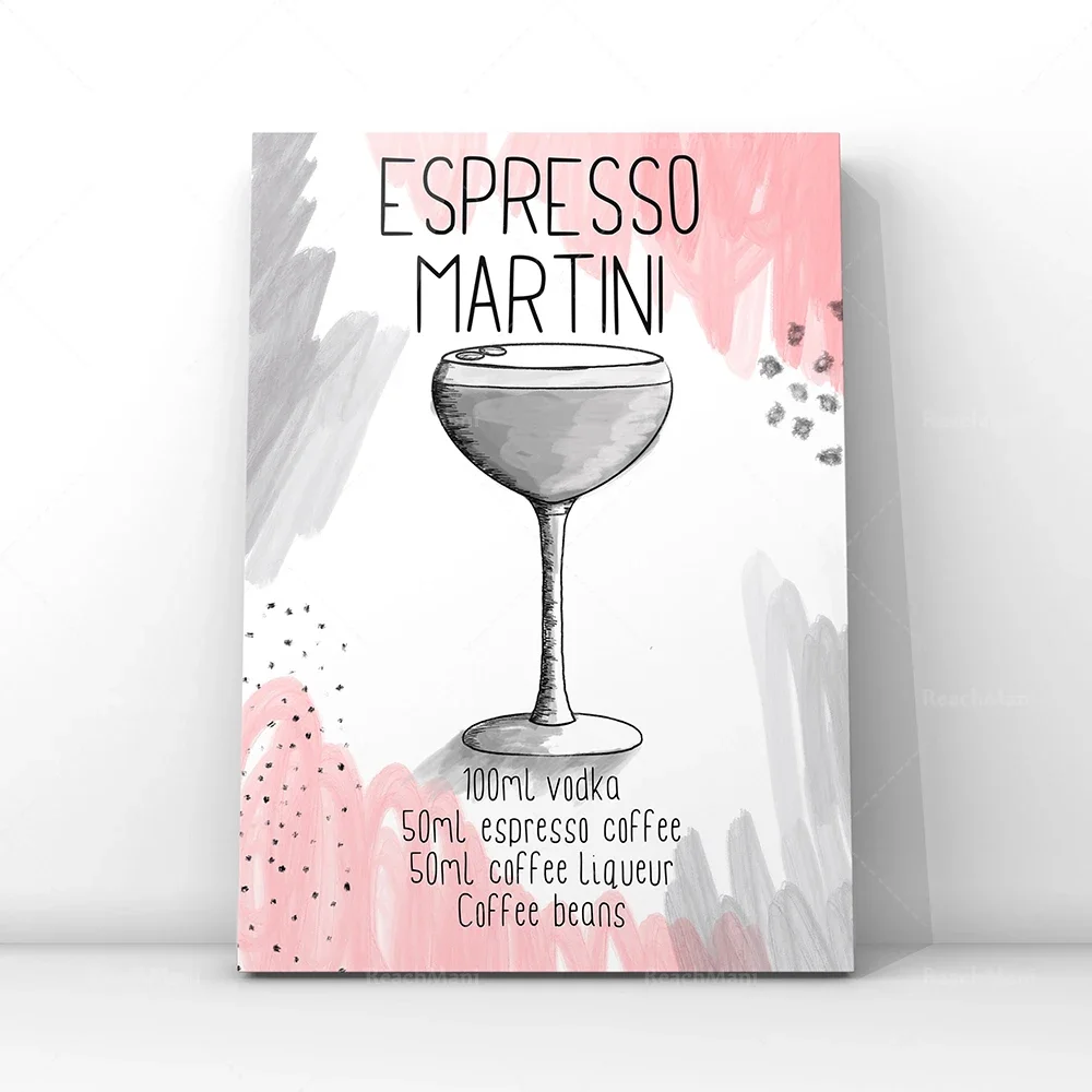 Pôster Guia de Coquetéis, Receita de Mojito, Martini, Espresso Hugo, Receita de Bebidas, Receita de Coquetéis, Menu Lady Boss, Presente para Amantes de Vinho