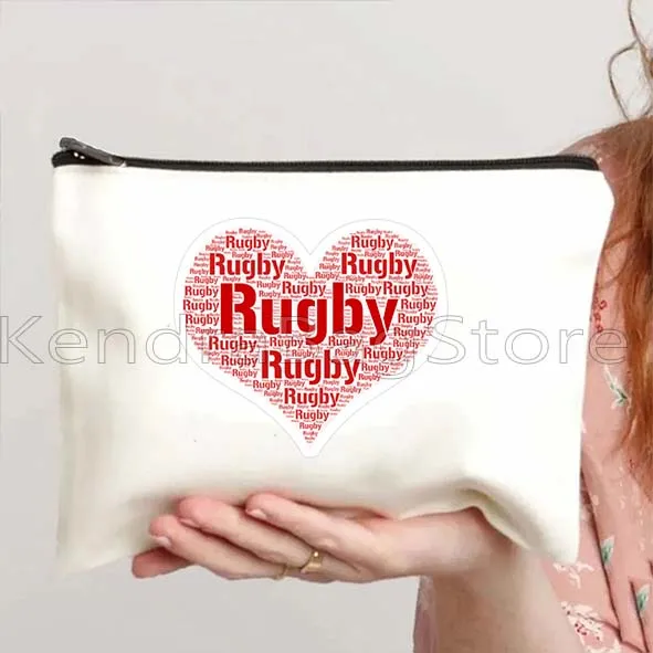 Funny Rugby Girl Sports Player Lover Gifts Canvas Cosmetic Makeup Bag School Pencil Case Zipper Pouch Cotton Storage Cotton Bag