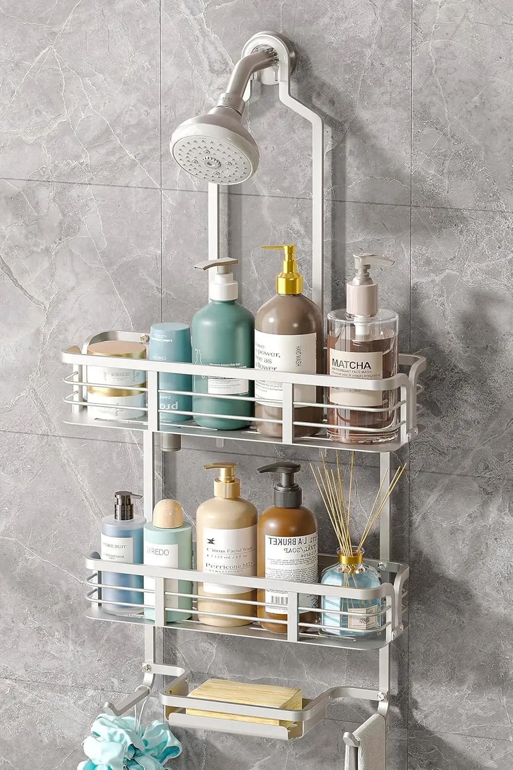 

Подвесная полка для душа, нержавеющая алюминиевая, без сверления, на душевую лейку, с держателем для мыла, размер M