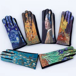 Gants de cyclisme chauds en velours pour femme, K96, peinture à l'huile sur daim, cuir imprimé, écran tactile, mitaine de conduite, hiver