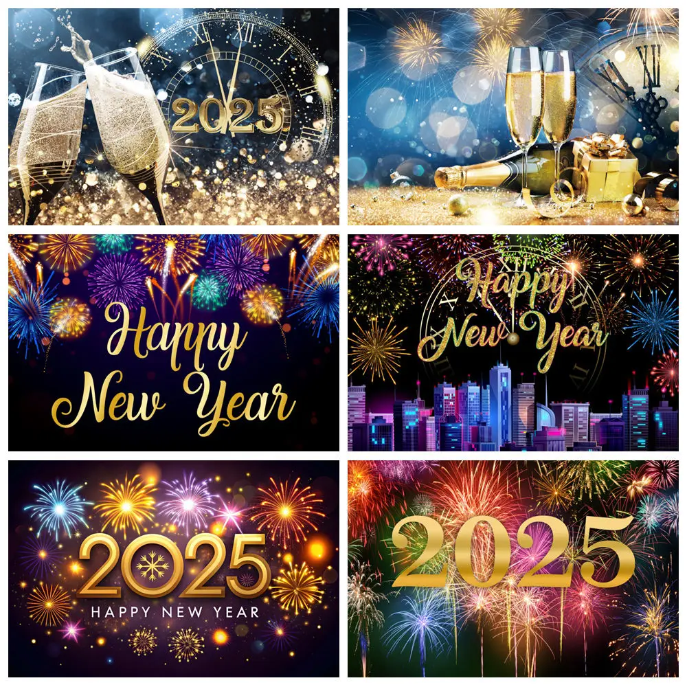 

Happy New Year Backdrop for Photography Fireworks Beer Champagne 2025 New Years Eve Family Party Background Decor Photo Studio