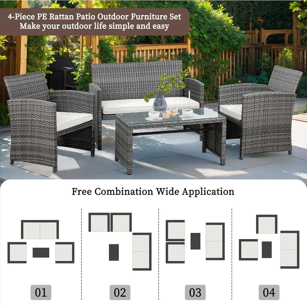 4-Piece Patio Furniture Set, Outdoor Wicker Patio Conversation Furniture Set with Cushions and Tempered Glass Tabletop