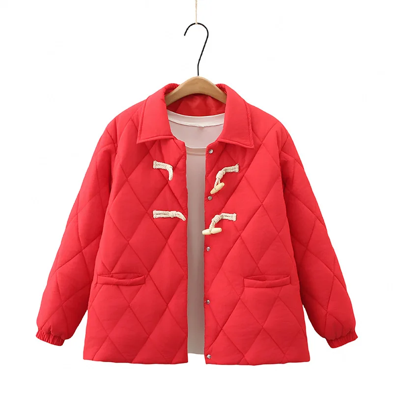 Womens Plus Size Winter Parkas Casual Clothing Lapel Argyle Knot Button Padded Jacket Simple Warmth Curve Coats S66 9830