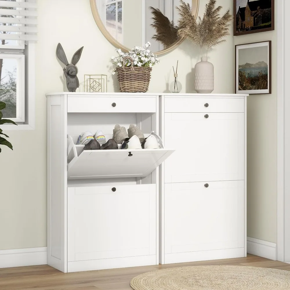 Shoe Cabinet with 2 Flip Drawers Set of 2, Small Wood Modern Shoe Organizer with Adjustable Shelf, Narrow Freestanding Hidden Sh