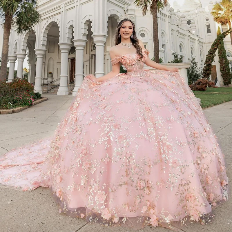 

Customized Pink Quinceanera Dresses Ball Gown Off Shoulder Sequin Appliques Flower Beads Tull Sweet 16 Dress Vestidos 15 De Anos