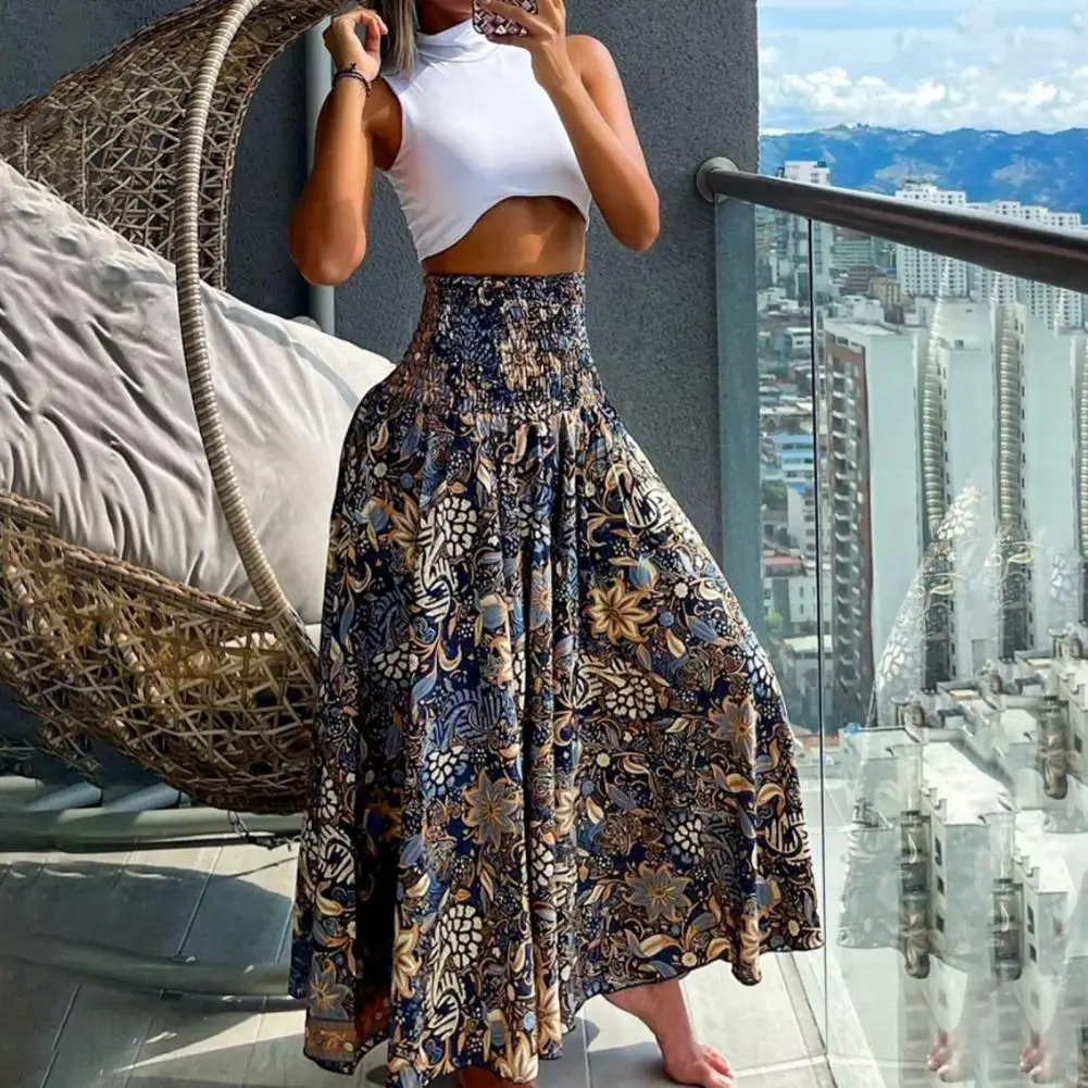 

High Waist Skirt Elegant Women's High Waist Maxi Skirt with Retro Print A-line Style Wide Elastic Waistband for Summer