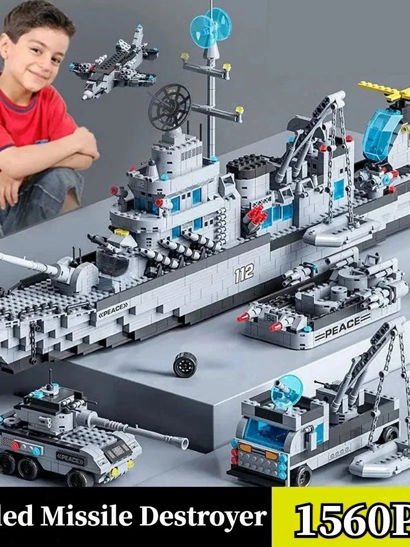 1560pcs 6 IN 1 Military Navy Ship Sets Building Blocks War Army Boat Plane Model Toys for Boys Bricks Toys Christmas Gifts