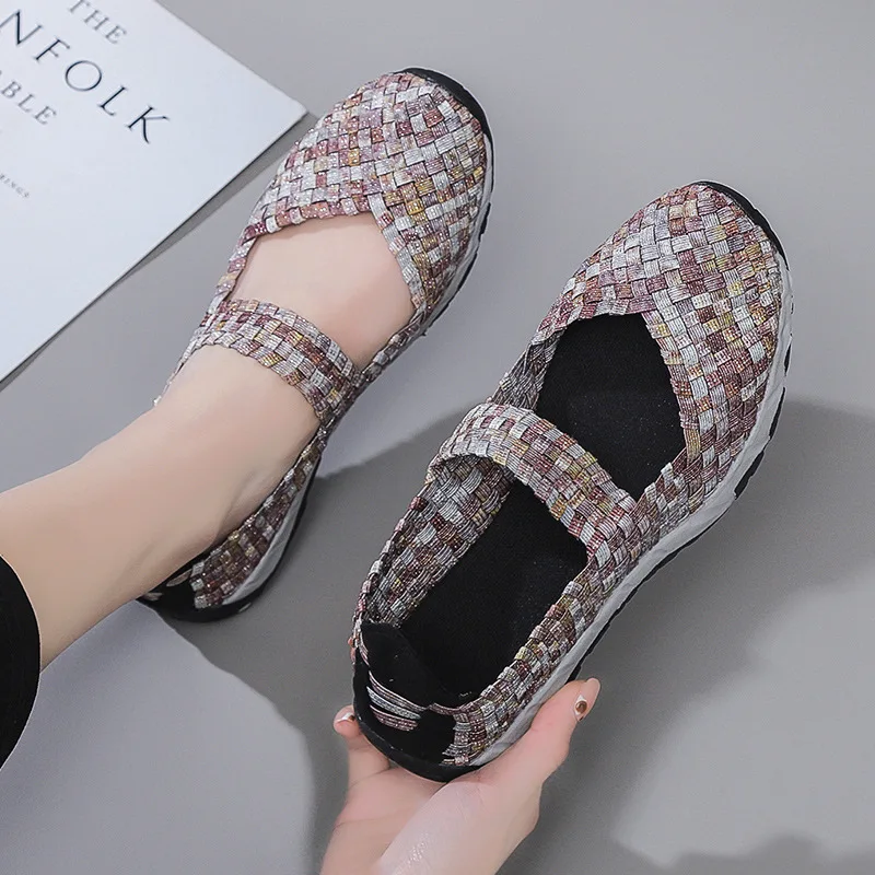 Summer Women Flat Shoes 2023 New Fashion Elastic Band Weave Shoes Breathable Lightweight Women Casual Loafers Zapatos De Mujer