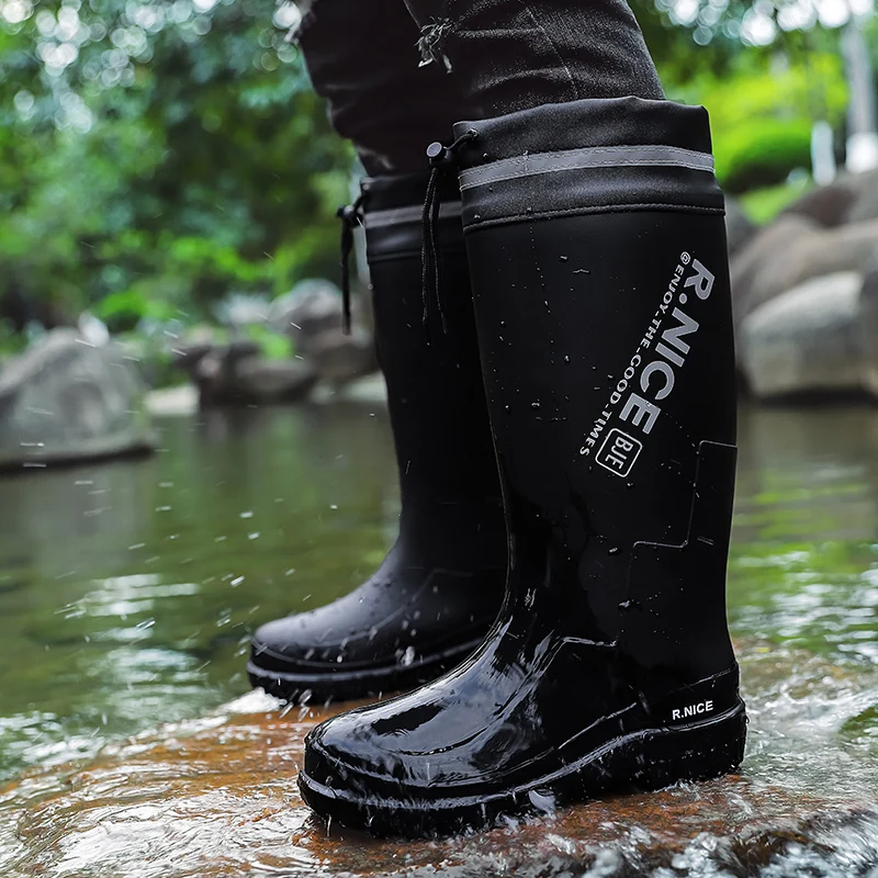 Men's Fashionable Outdoor Rain Shoes High‑cut Plain‑top Rain Boots Non-slip Wear-resistant Sole Portable Fishing Kitchen Boots view 5