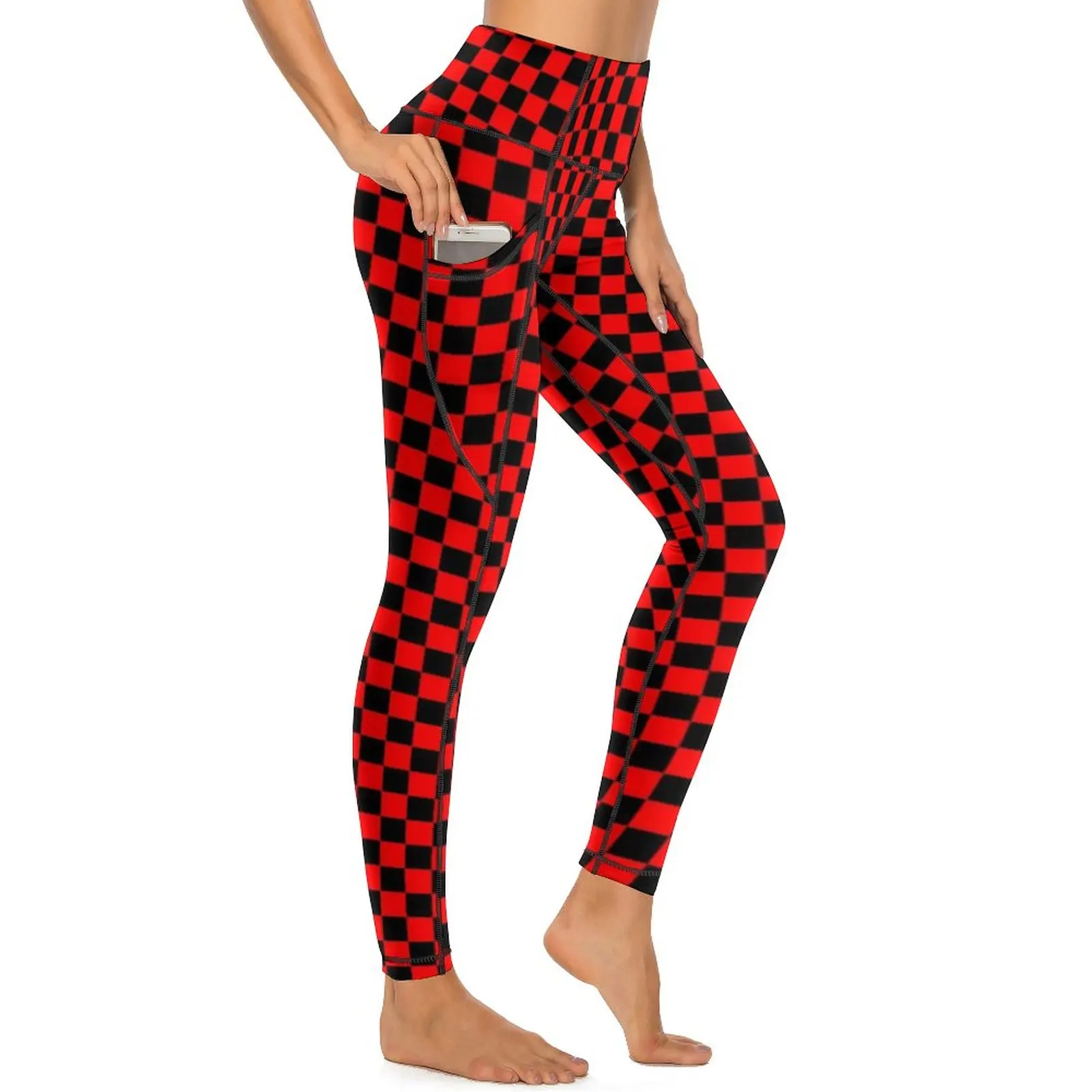 

Simple Checkerboard Leggings Red and Black Checkered Push Up Yoga Pants Vintage Elastic Yoga Legging Pockets Gym Sports Tights