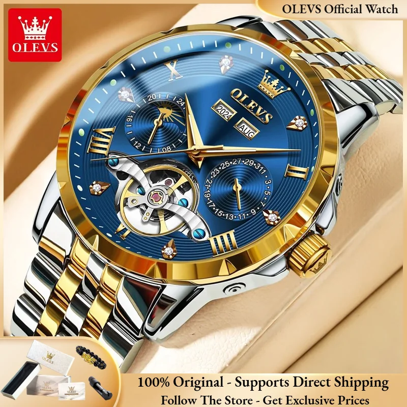 

OLEVS 6691, мужские часы, роскошные многофункциональные автоматические механические брендовые мужские часы со скелетом, мужские часы с маховиком фазы Луны