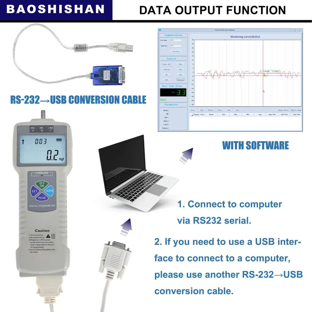 مقياس القوة الرقمي، مخرج البيانات، ملحقات قابلة لإعادة الشحن، حقيبة حمل للتخزين