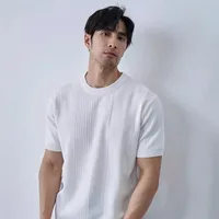 Casual Men's Stripe Design Knitted T-Shirt Short Sleeve Breathable Summer Ice Silk Leisure round Neck Lacoste Lycell Mulberry Si