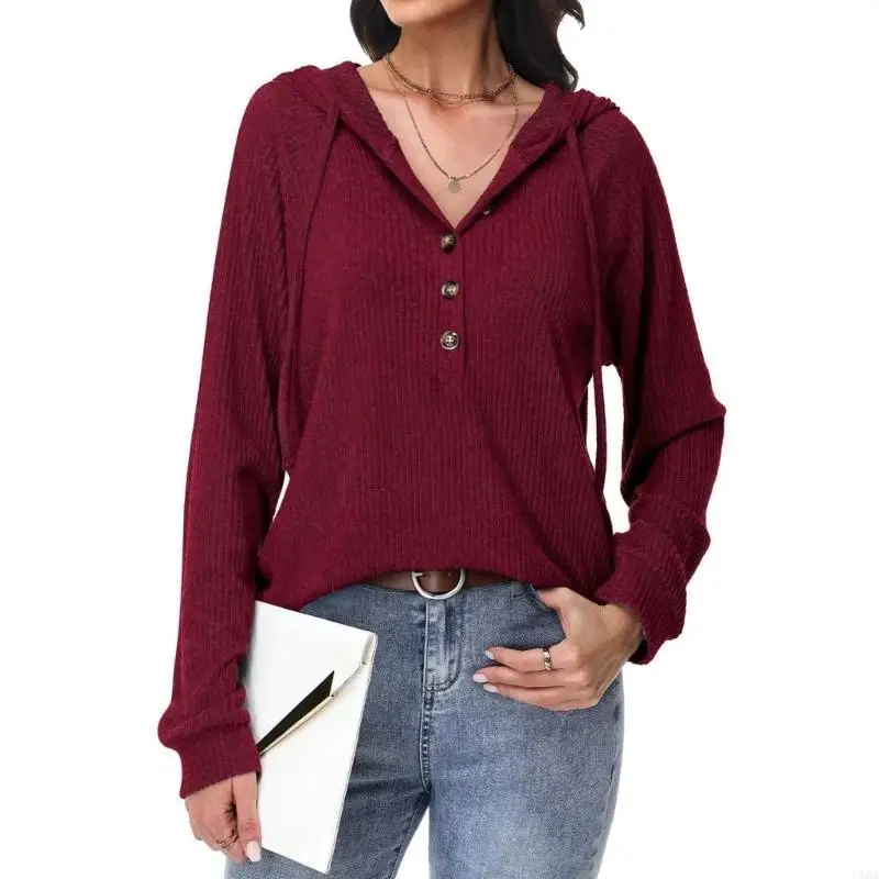 여성용 까마귀 V 넥 까마귀 버튼 다운 경량 니트 풀오버 긴 소매 스웨트 탑 6XDA