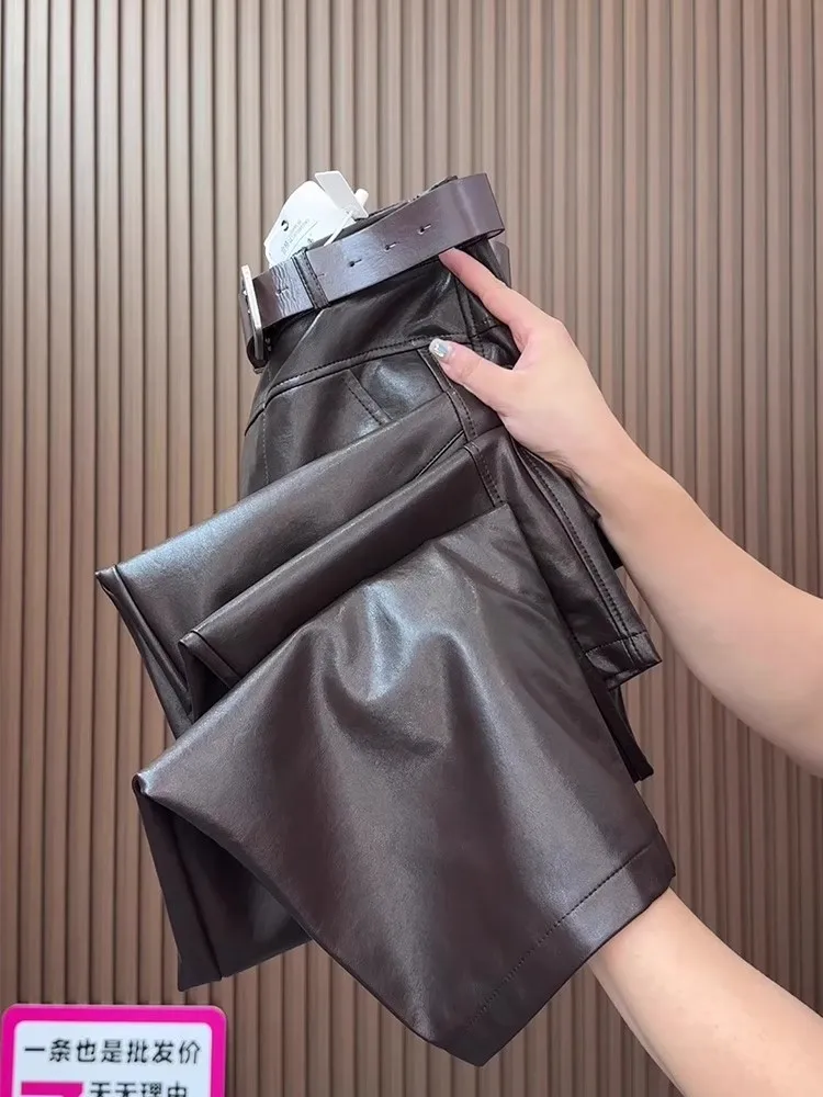 

Новинка 202, кожаные брюки, осень/зима, повседневные укороченные брюки из искусственной кожи в стиле ретро, женские свободные уличные брюки больших размеров Y2k, верхняя одежда с широкими штанинами