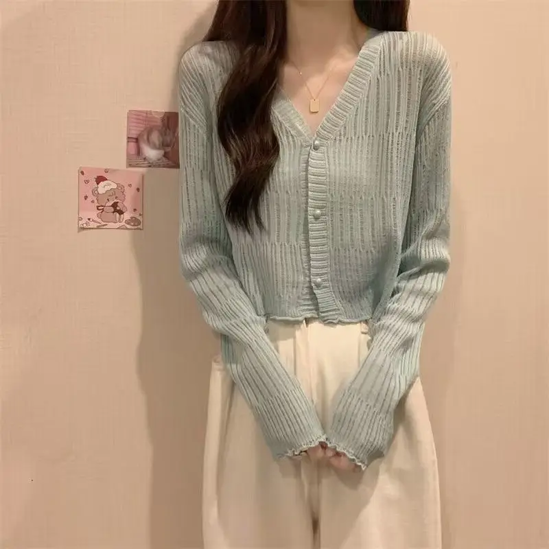 Spring and Autumn Women's V-neck Trousers Solid Color Single Breasted Hollow Out Long Sleeve Knitted Bottom Sweater Coat Tops