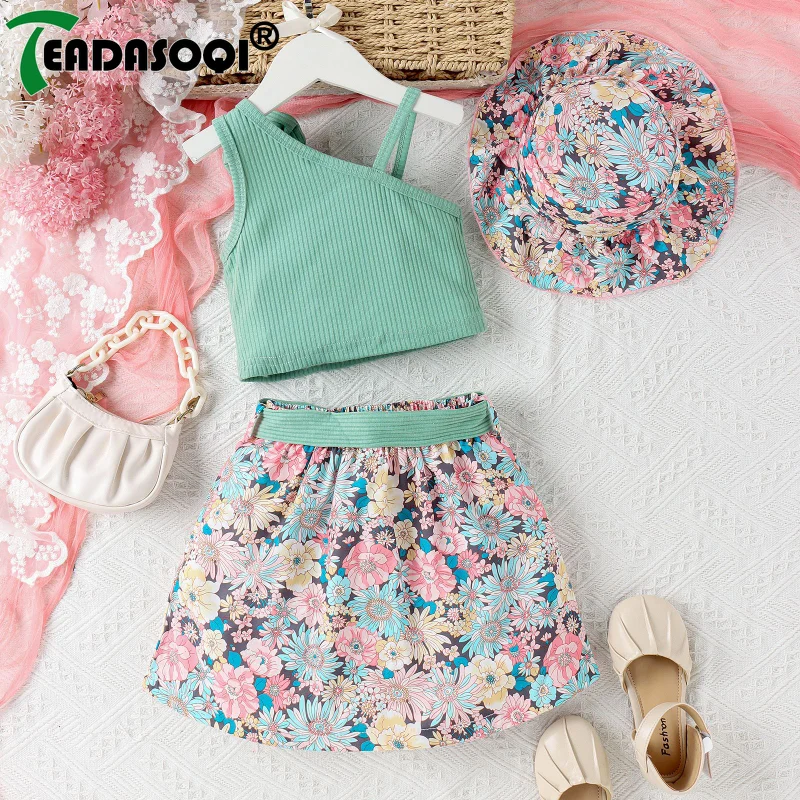 4-7Y Summer Little Girls Kids Clothing Casual Suit Sleeveless Diagonal Shoulder Sling Bow Tops+Printed Skirt+Hat 3Pcs Child Set