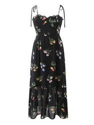 YENKYE Summer Fashion Women French Style Floral Print Sling Chiffon Dress Vintage Black Female Midi Robe Prairie Chic Vestido