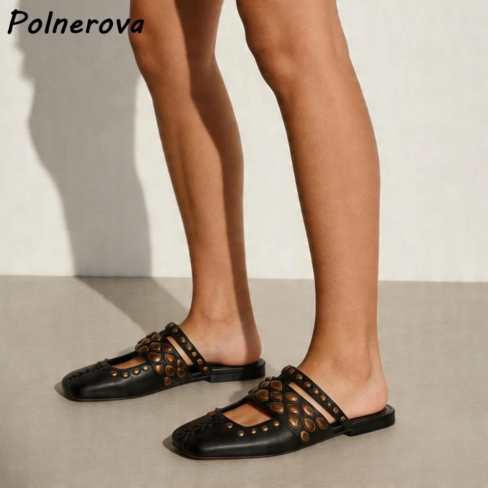 Rivet Double Strap Mule Slippers Square Toe Flat Hollow Suede Leather Slip On Shoes Summer Hollow Daily Boho Retro Women Shoes