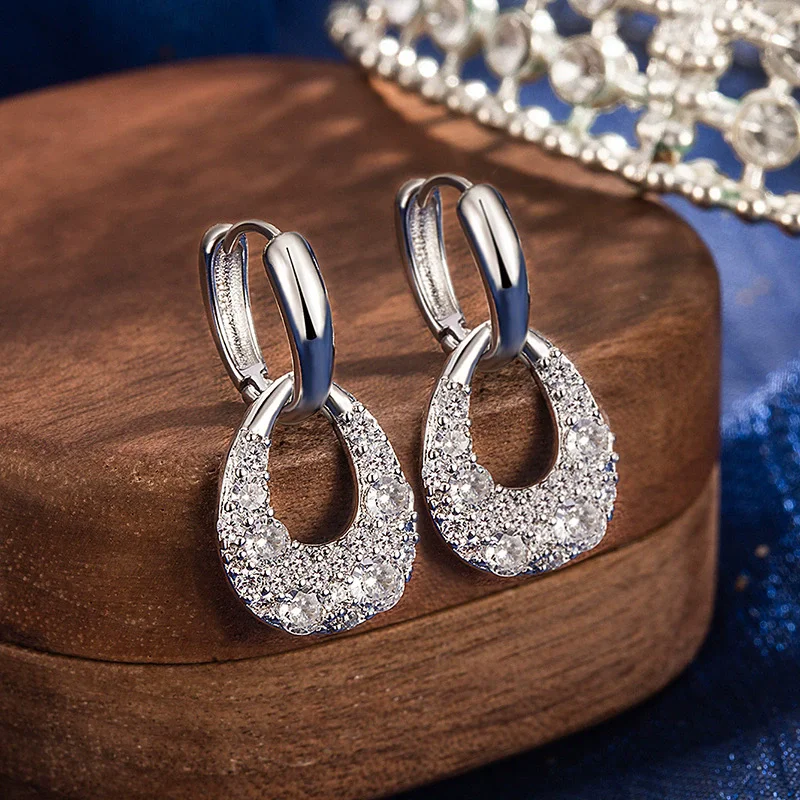 925 Sterling Silver Full-Zircon Sparkling Earrings for Women Versatile Fashionable Jewelry Accessories Gift