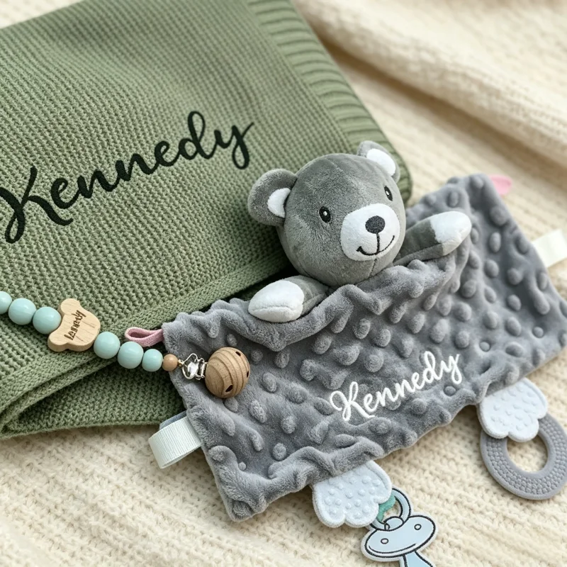 3Pcs Personalized Embroidered Baby Shower Gift Set Cotton Knit Swaddle Blanket Minky Lovey Wooden Pacifier Clip Keepsake