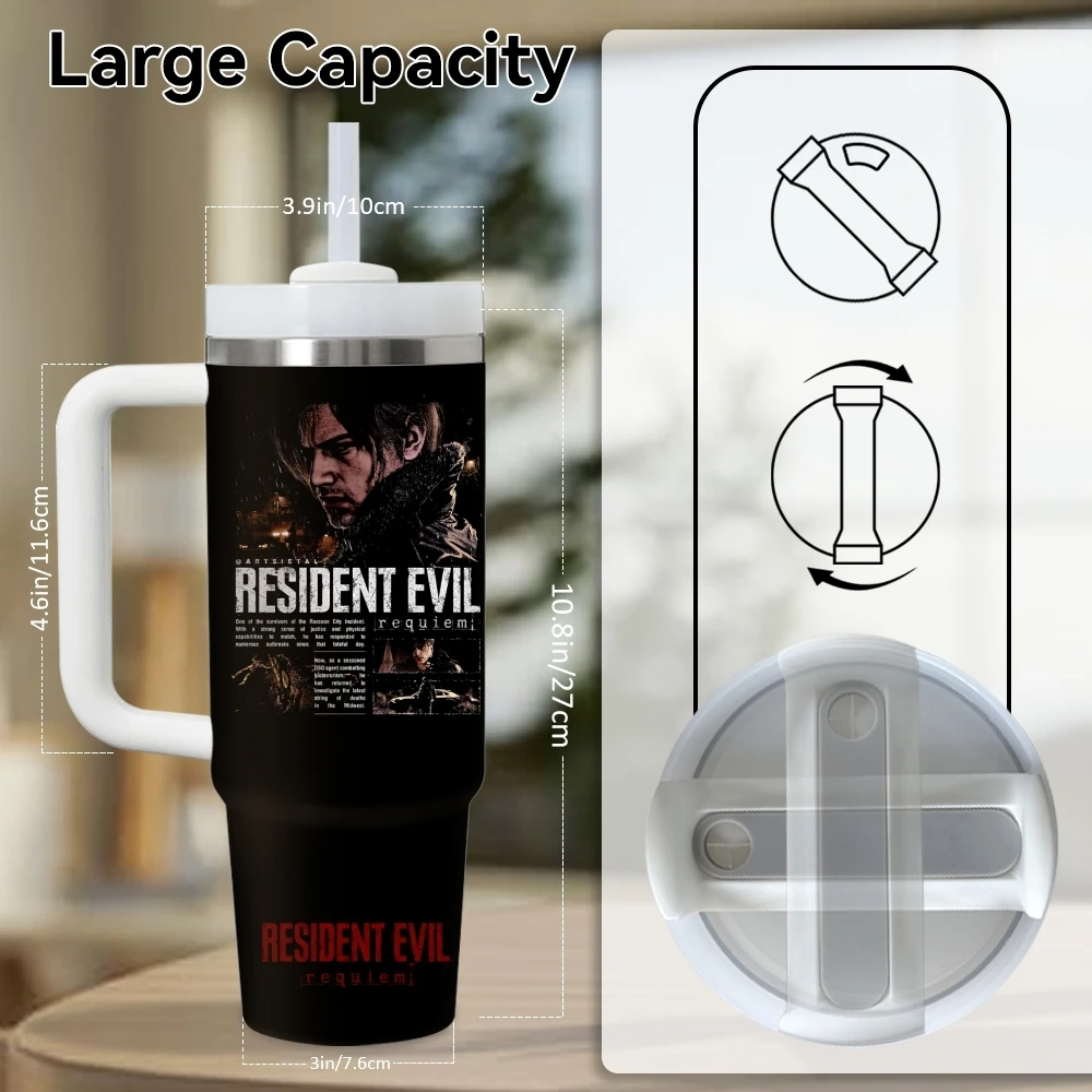 R-R-Resident E-Evil Vacuum Flasks 40oz Stainless Steel Insulated Tumbler With Handle & Straw Leakproof Travel Mug