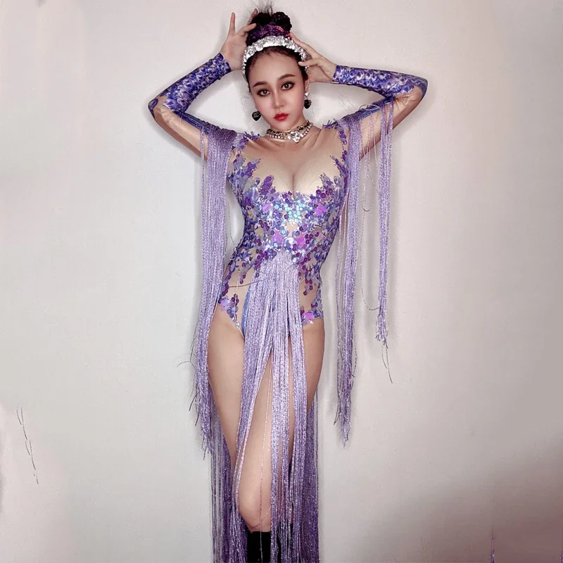 New Gogo Costume Purple Rhinestones Jumpsuit Sequins Long Fringes Bodysuit Women Pole Dance Outfit Nightclub Dj Ds Stage Wear