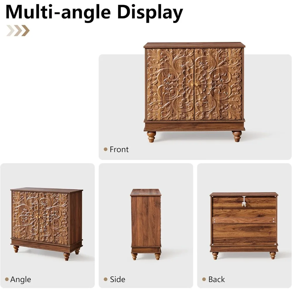 Rustic Double-Door Buffet with Carved Details and Adjustable Shelves for Living Room Storage