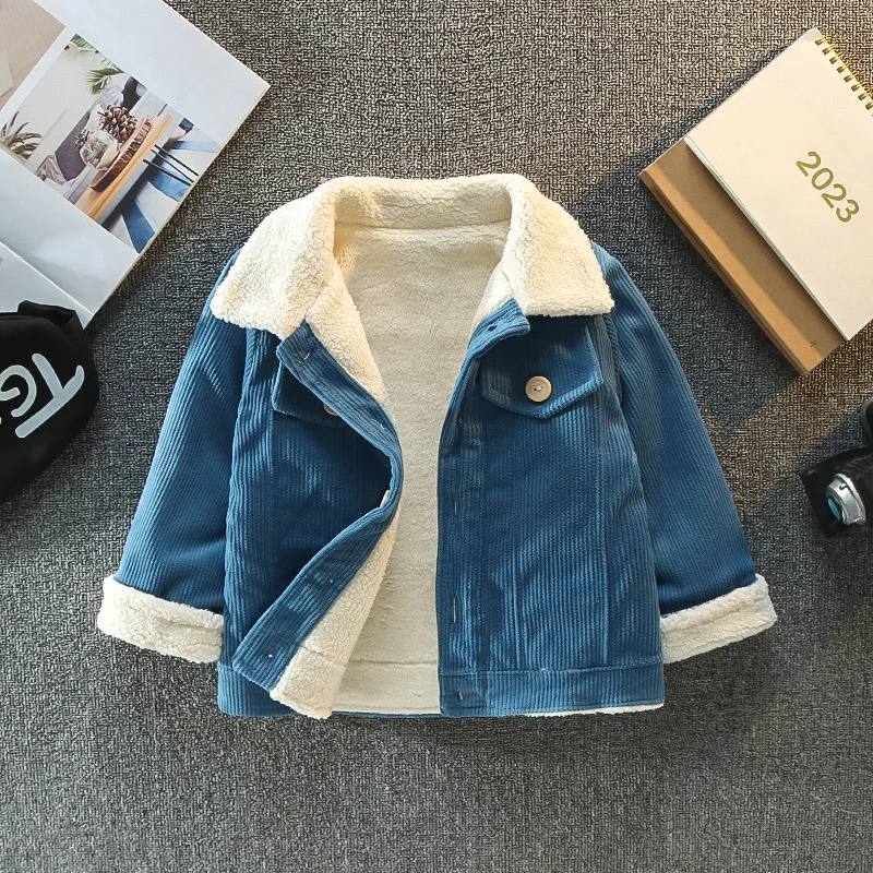 Unisex Winter-Wärmemantel für Kleinkinder Retro Cordstoff Flauschig Sherpa-Gefüttert Fleecekragen Knopfverschluss Vorne Kinderjacke – Detail 3
