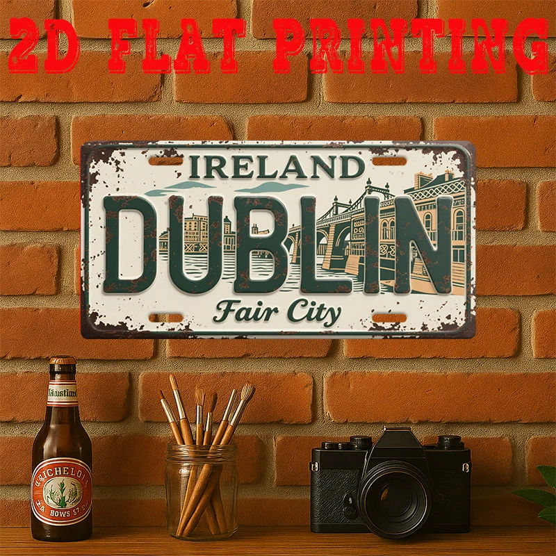 2D Plat - Imprimé 2D sur une surface plate, 1pc, Plaque Métallique Vintage, Plaque et Panneau Décoratif, Panneau Ville de Dublin